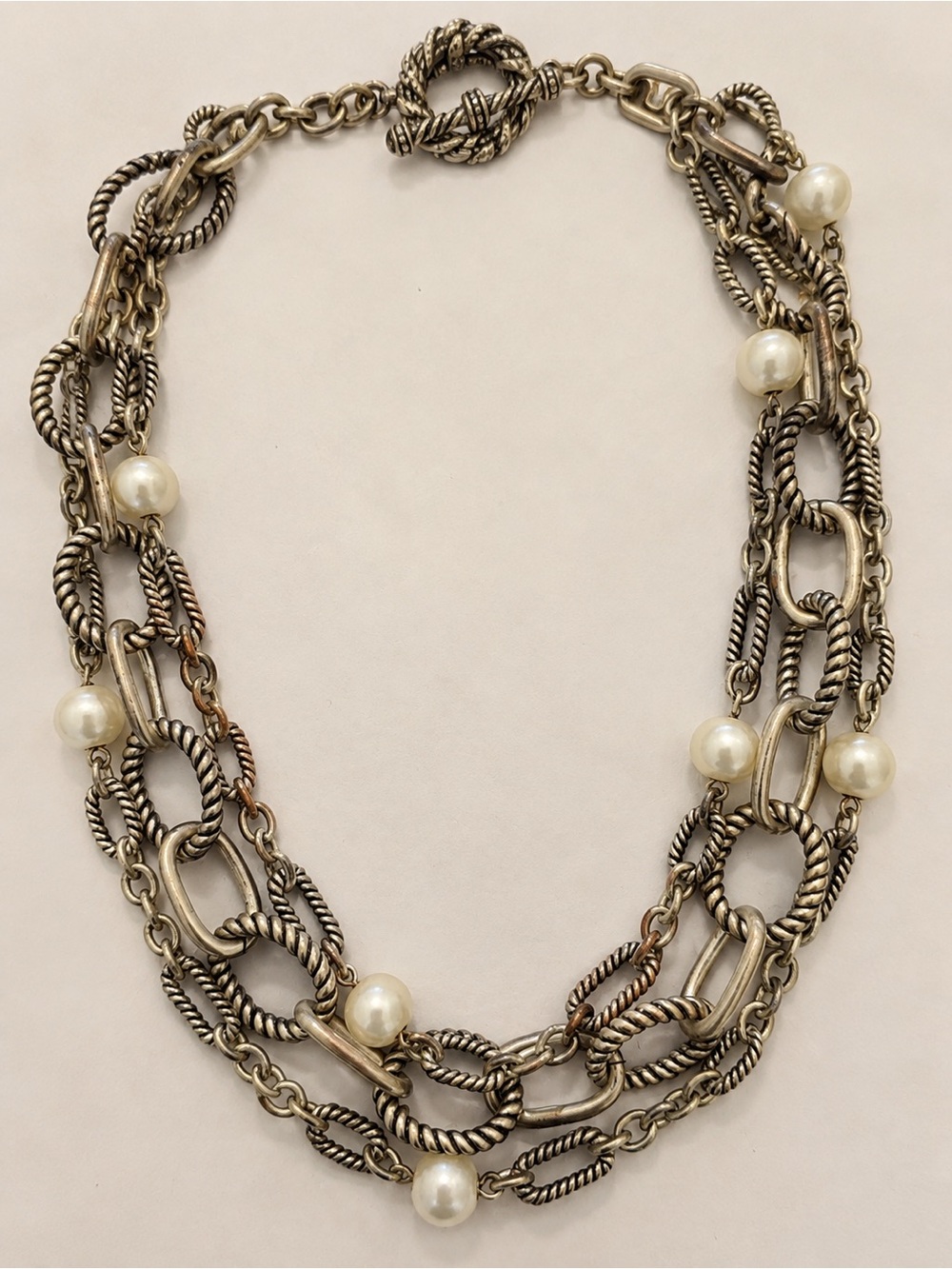 Chunky Multi Strand Chain Necklace Faux Pearl Silver Tone Statement Jewelry